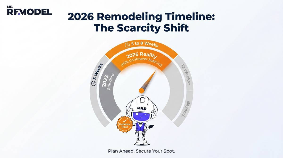 A timeline infographic showing how the 2026 labor shortage has extended standard bathroom remodeling projects to a 5-to-8 week duration.